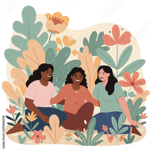 Three women laughing and sitting among colorful flowers and leaves  