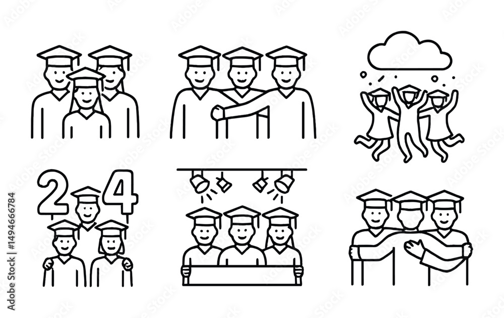 Graduation and celebration icons set – linear, outline, student and achievement symbols Graduation and celebration icons set – linear, outline, student and achievement symbols