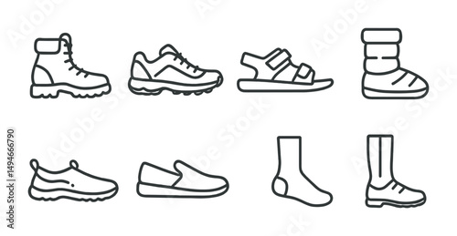 Footwear and shoe outline icons set – linear, silhouette, footwear design elements