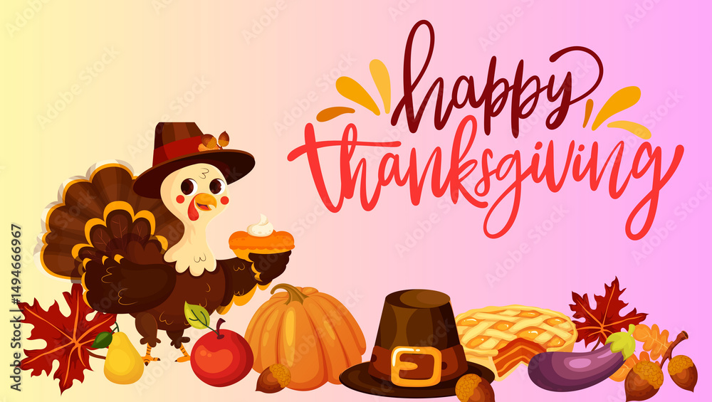 Naklejka premium Happy thanksgiving banner design. Thanksgiving teks lettering. Thanksgiving with colorful autumn leaves and pumpkin