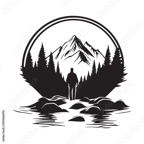 Walking through the forest adventure Silhouette vector isolated on white background.