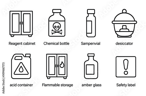 Laboratory equipment outline icons set – linear, chemical, safety symbols