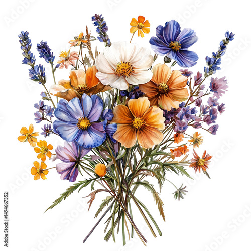 Watercolor floral arrangement with cosmos and lavender for decoration art isolated on  transparent  background 