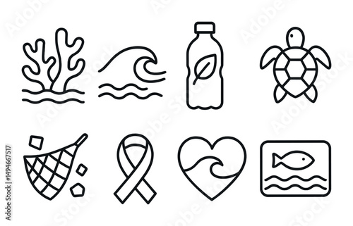 Marine conservation outline icons set – linear, environmental awareness symbols