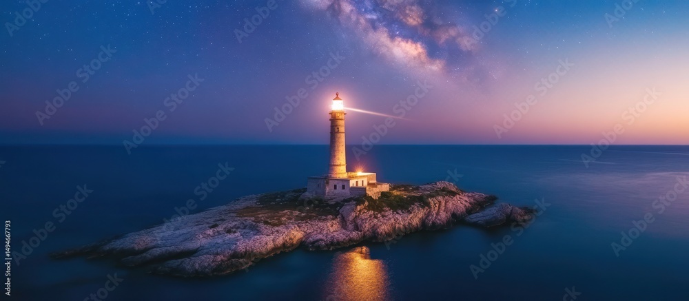 Fototapeta premium Lighthouse on Rocky Island Under Starry Night Sky