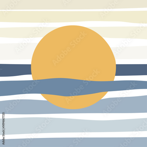 Hand draw sunset on sea lanscape panorama. Organic doodle shapes matisse style, naive art, contemporary backgrounds. beach and mountains vector illustration	