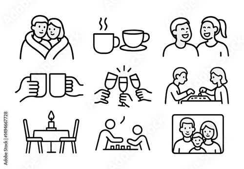 People and relationships outline icons set – linear, silhouette, family and friends symbols