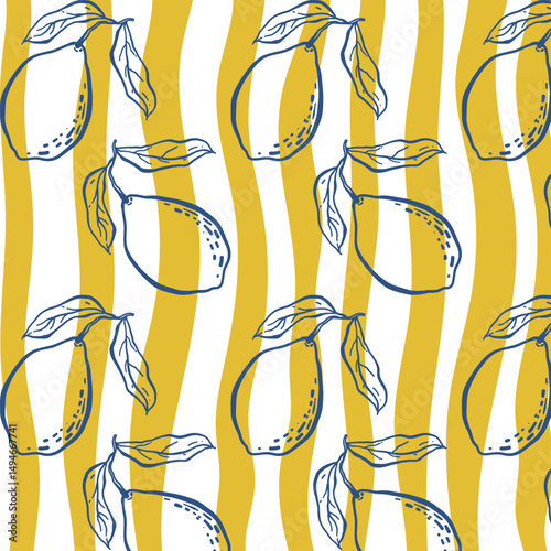 Lemon Line Art Pattern on Yellow and White Striped Background. Seamless Pattern. Vector Illustrations. Mediterranean style