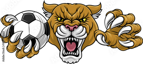 Cougar, panther, mountain lion or puma wildcat cat soccer football sports team mascot holding a ball
