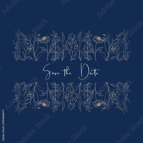 Elegant and minimalist floral split frame border save the date wedding invitation on blue background