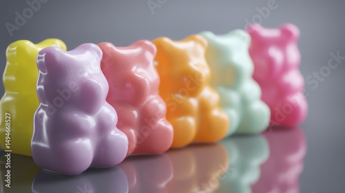 Colorful gummy bears arranged in a row, showcasing vibrant pastel hues.