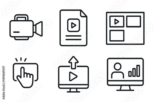Video production icons set: outline, linear, multimedia and content creation symbols