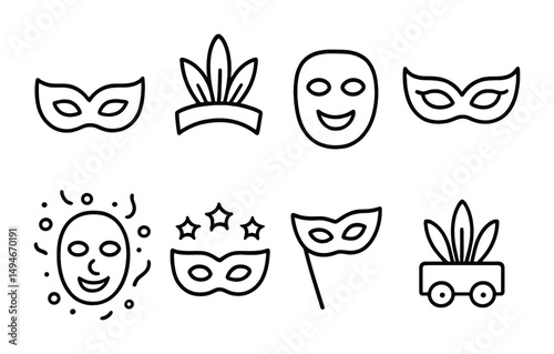 Carnival and masquerade outline icons set – linear, festival, party symbols