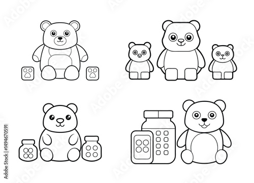 Teddy Bear Icon black and white Teddy Bear Toy Set.