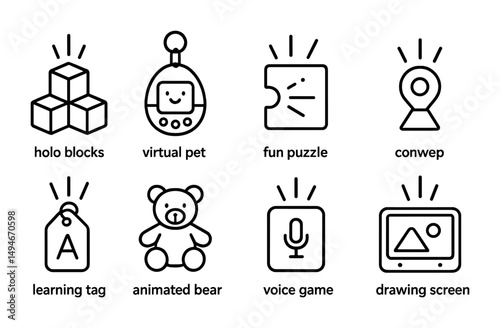 Interactive learning toys and games icons for kids' development and entertainment