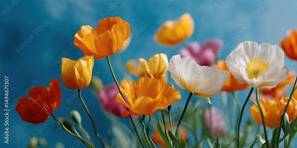 Obraz premium A field of flowers with a blue sky in the background. The flowers are of various colors, including orange, pink, and white. Concept of beauty and tranquility