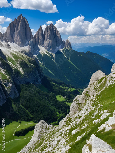 meravigliosa vista delle dolomiti d'estate, tra rocce maestose e verde photo