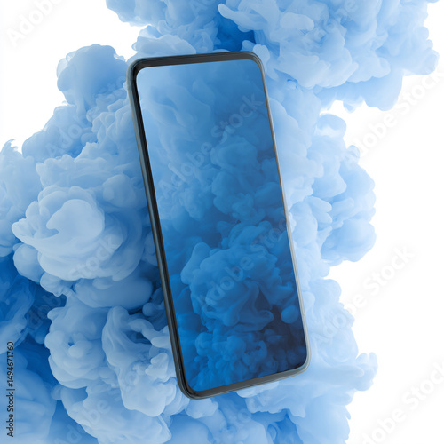 a cell phone is sitting on a cloud of blue smoke