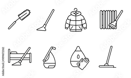 Home cleaning outline icons set – household, housekeeping, cleaning services symbols