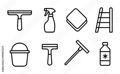 Cleaning tools line icons set – outline, linear, maintenance and hygiene essentials
