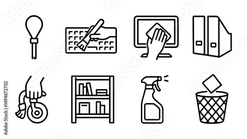 Office and cleaning outline icons set – line, linear, workspace symbols