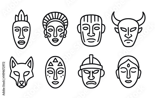 Tribal mask outline icons set – silhouette, mask, cultural symbols for web design