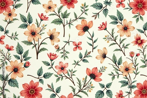 Repetitive floral motif with delicate leaves and vines; perfect for wallpaper or fabric , print, home decor