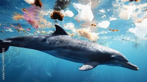 Dolphin in polluted ocean: A dolphin swims gracefully in an ocean polluted with plastic bags and other debris, highlighting the devastating impact of plastic pollution on marine wildlife.