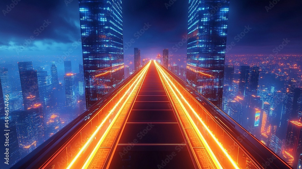 Fototapeta premium Neon Cityscape: Elevated Pathway