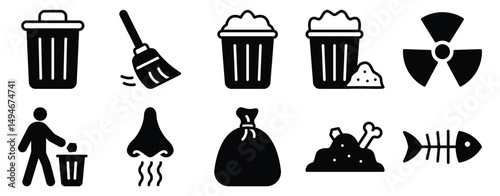 Trash Icon Set Solid Style Collection representing waste disposal and cleanup actions suitable for user interfaces environmental apps and maintenance services