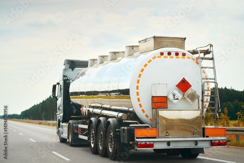 Tanker truck carrying flammable LNG and crude oil materials on highway
