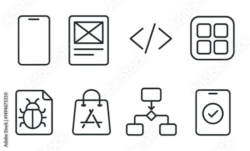 Web development line icons set – outline, coding, app design elements