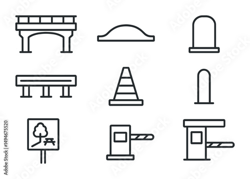 Road and highway line icons set – linear, outline, traffic and infrastructure symbols