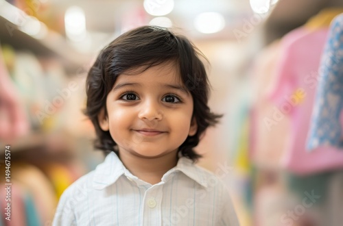 Professional close-up of a well-groomed Indian baby store clerk, smiling politely in a soft pastel baby clothing section