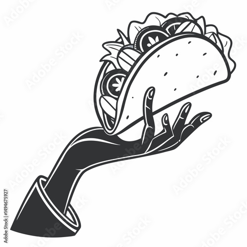 Tattoo style illustration of hand holding a taco with fresh ingredients