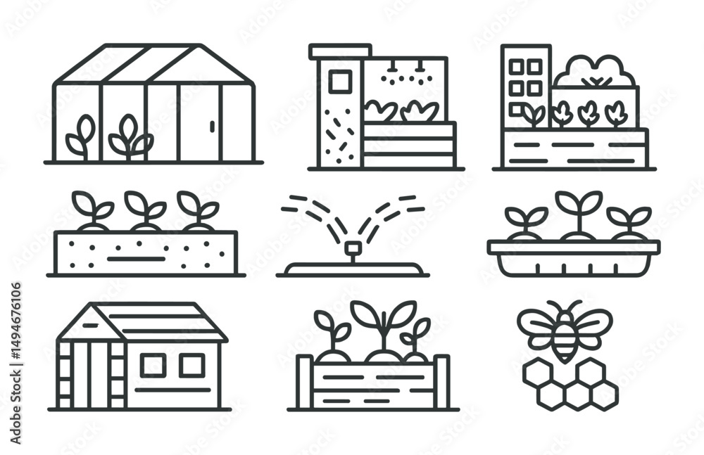 Fototapeta premium Urban gardening line icons set – outline, linear, city farming and plant care