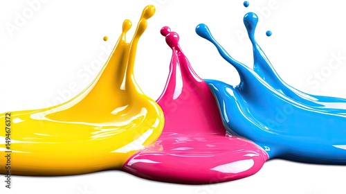 Vibrant CMYK paint splashes, dynamic, colorful liquid collision on white background