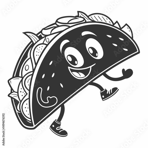 Monochrome cartoon taco character mascot with happy expression for mexican food