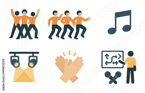 Dance and music flat icons set – rhythm, performance, entertainment symbols