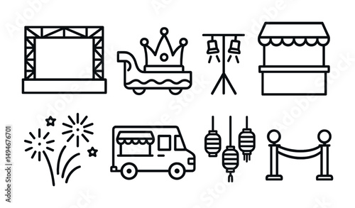 Festival and event outline icons set – line, linear, celebration and party symbols
