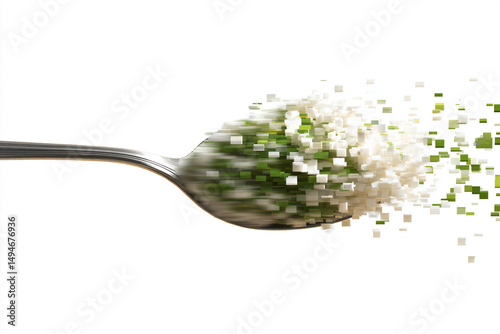 a spoon with a spoon full of rice and green onions