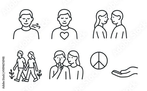 Breathing and communication line icons set – outline, wellness, mindfulness symbols