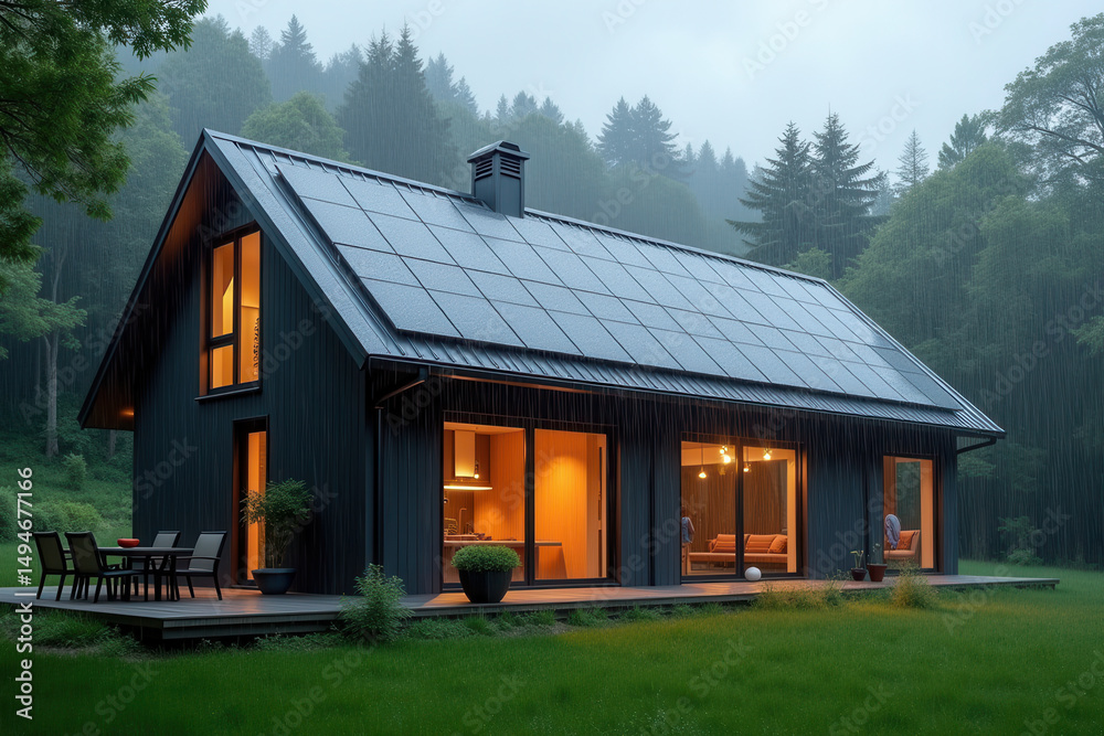 Fototapeta premium Modern Solar Powered House, Eco Friendly Sustainable Architecture, Clean Energy Living