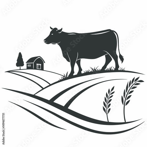 Vector illustration of farm landscape with cow,barn,and wheat field