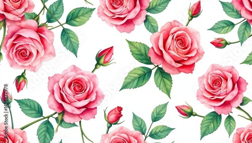 Intricate watercolor rose buds & leaves, repeating pattern, botanical illustration, floral art