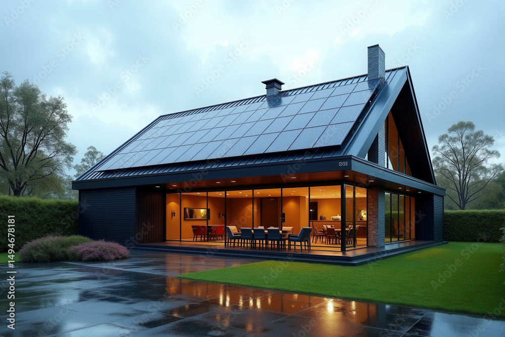 Naklejka premium Modern Solar Powered House, Eco Friendly Sustainable Architecture, Clean Energy Living