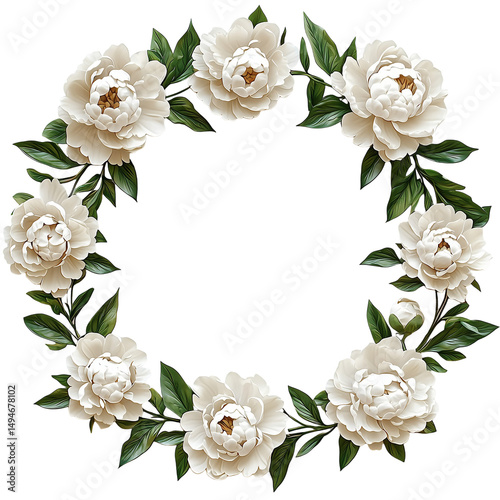 White peony floral wreath botanical arrangement wedding invitation design isolated on  transparent  background 