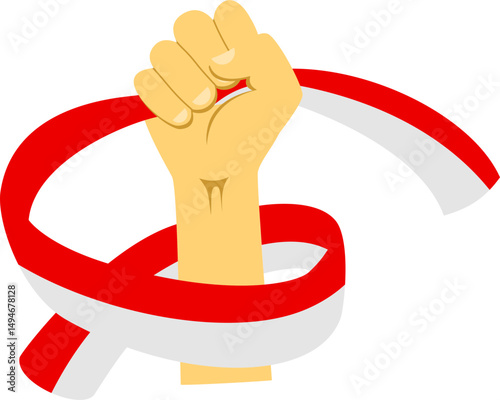 An illustration of a hand clenching a ribbon designed with the Indonesian flag colors, red and white. It symbolizes solidarity, freedom, and patriotism.