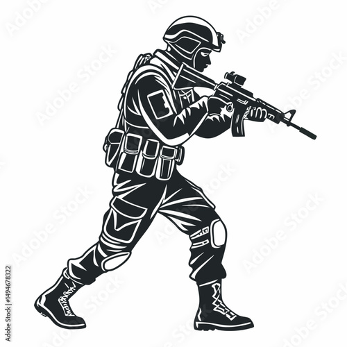 Vector illustration of soldier aiming rifle military concept in black silhouette