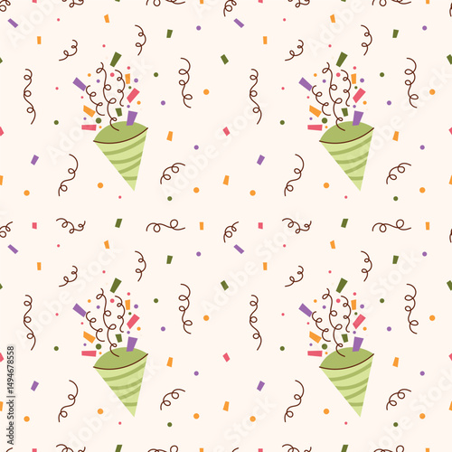 Celebration seamless pattern for birthday with clapper elements, firework, confetti. Festive vector background with hand drawn fireworker for scrapbooking, cards, media.
